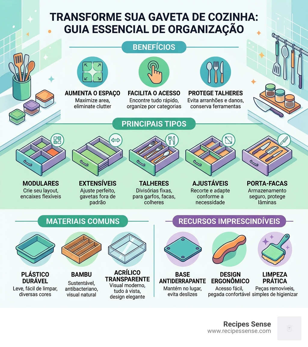 Infographic showing benefits of kitchen drawer organizers: types, materials, and top features - organizador de gavetas