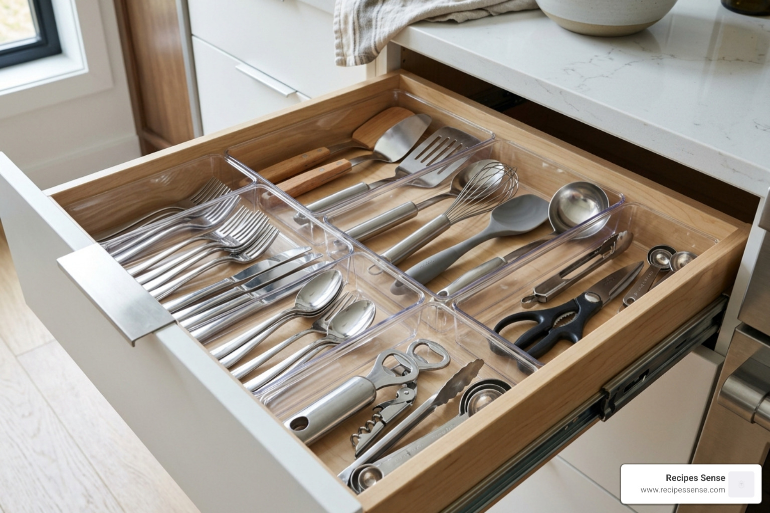 Conjunto de organizadores modulares plásticos transparentes em uma gaveta moderna - organizador de gavetas cozinha