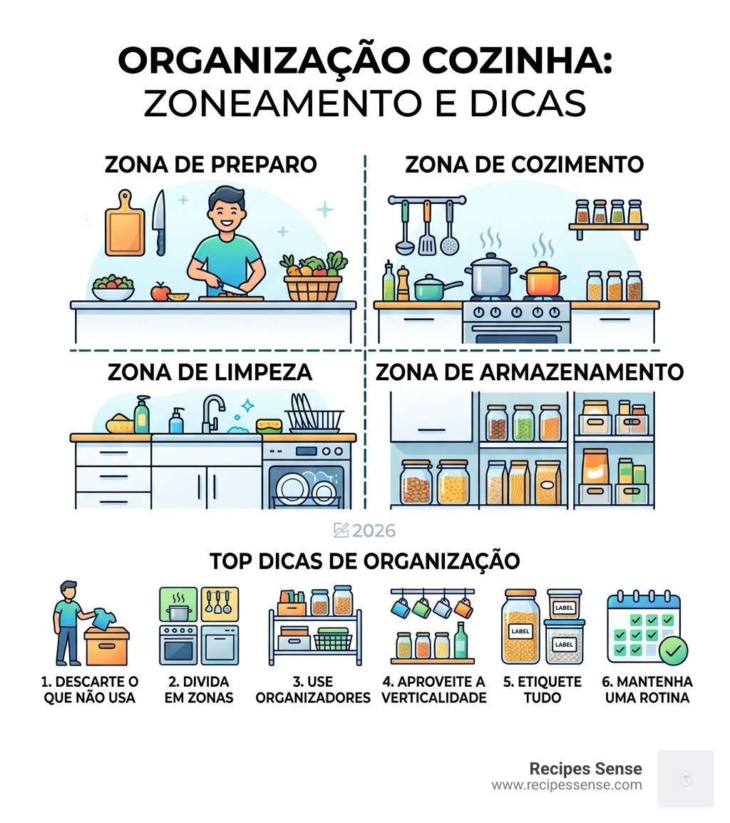 infographic showing functional kitchen zones prep cooking cleaning storage and top organization tips - organizacao cozinha
