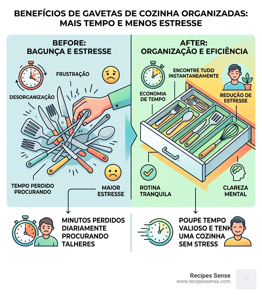 Infográfico detalhando a economia de tempo e redução de estresse com gavetas organizadas - organizador de gavetas cozinha