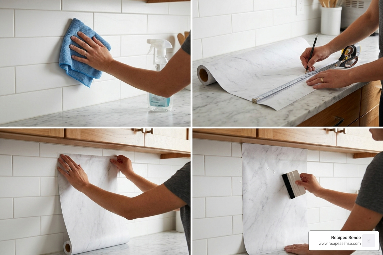 step-by-step application process of contact paper - papel contact adesivo cozinha