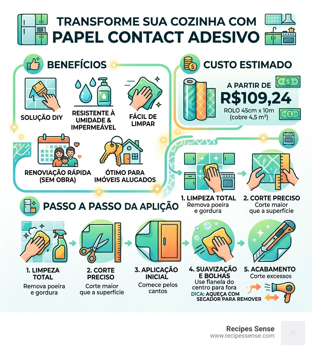 infographic showing benefits, cost, and application steps of papel contact adesivo cozinha - papel contact adesivo cozinha