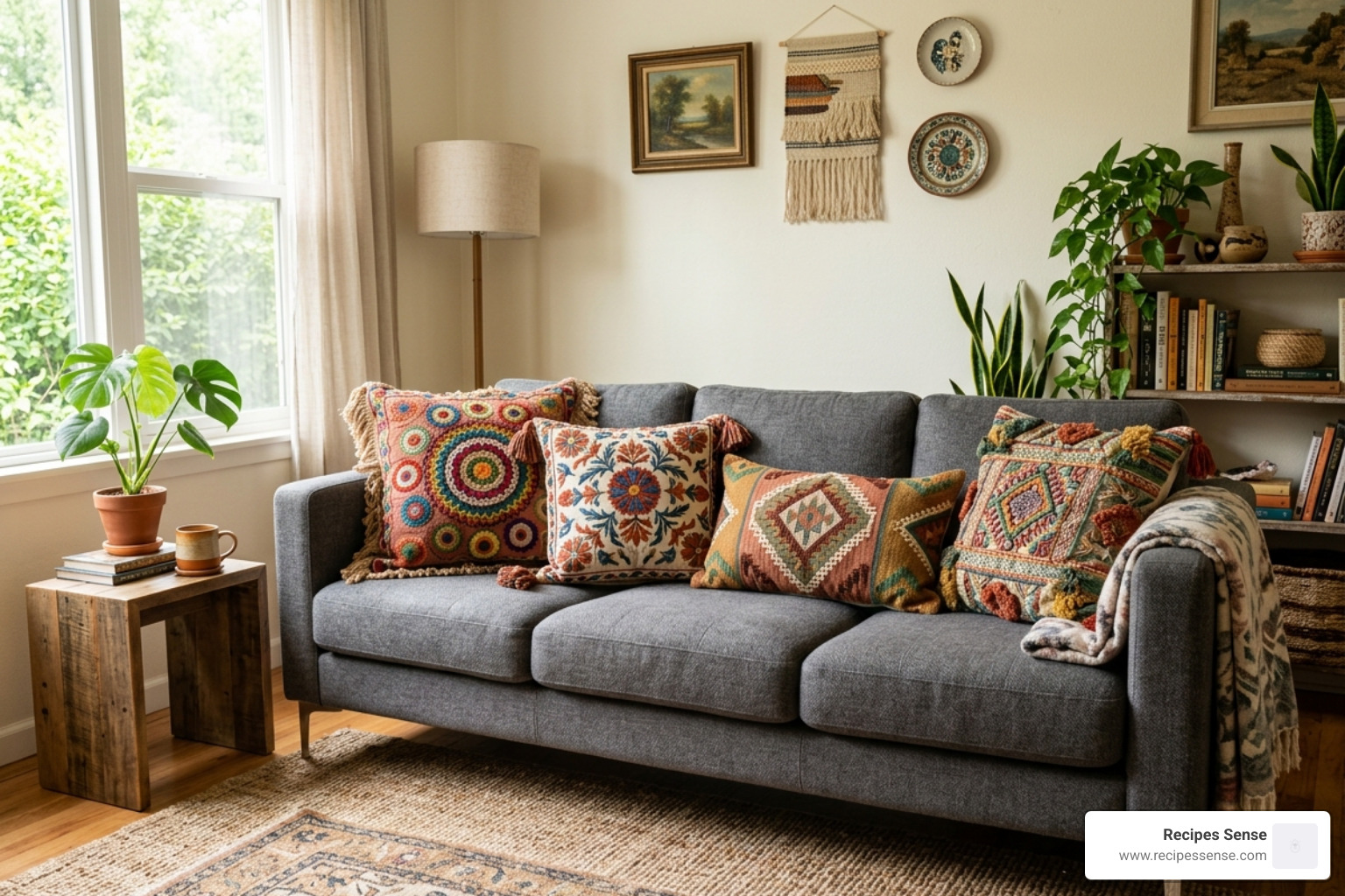 Boho Chic embroidered pillows on a gray sofa - almofadas decorativas sofá cinza