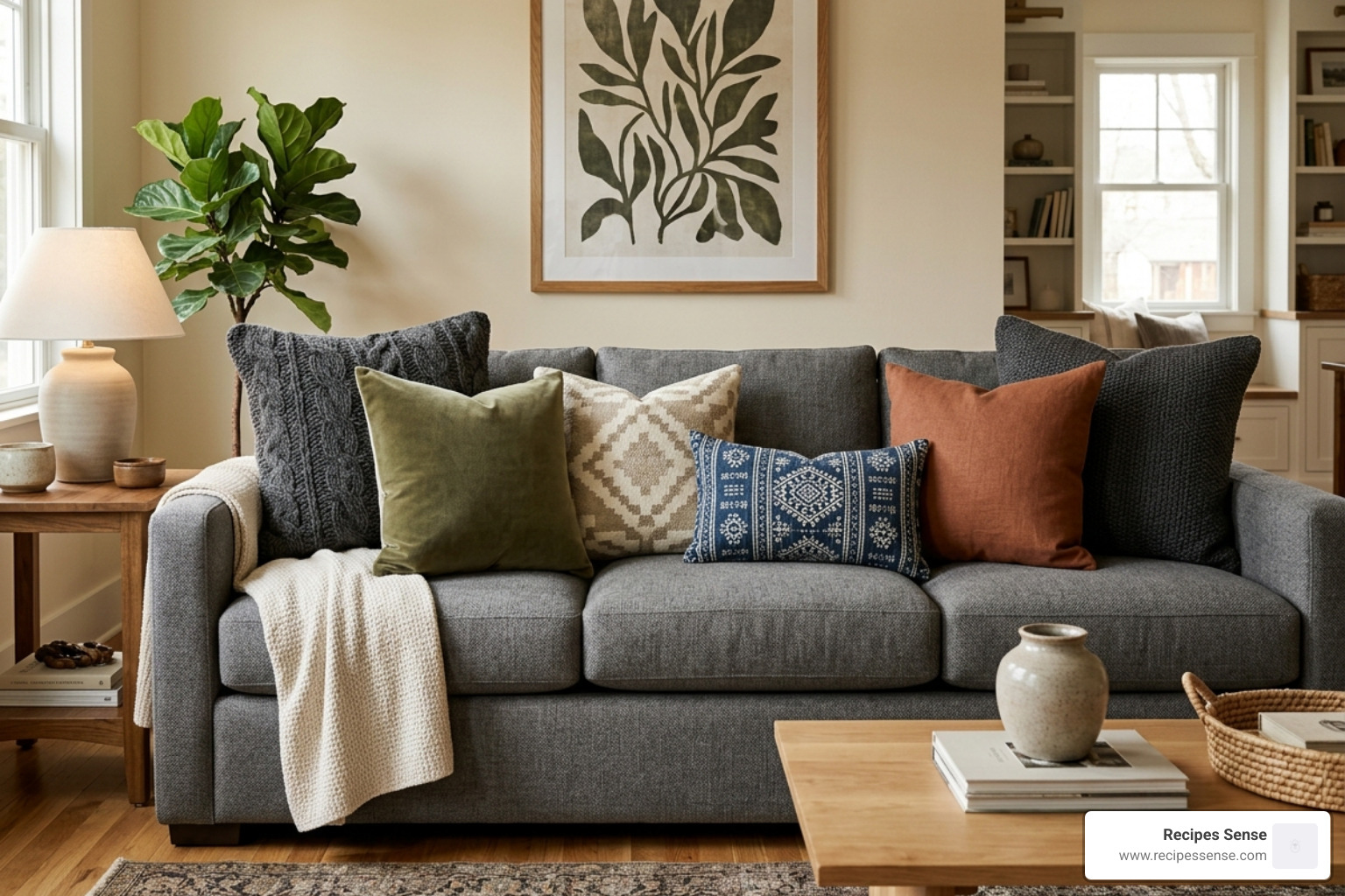 graphic showing pillow layering techniques on a sofa - almofadas decorativas sofá cinza