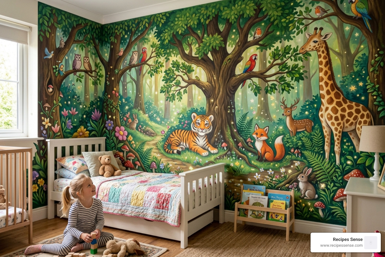 mural de parede com tema de floresta mística e animais - decoração parede quarto infantil