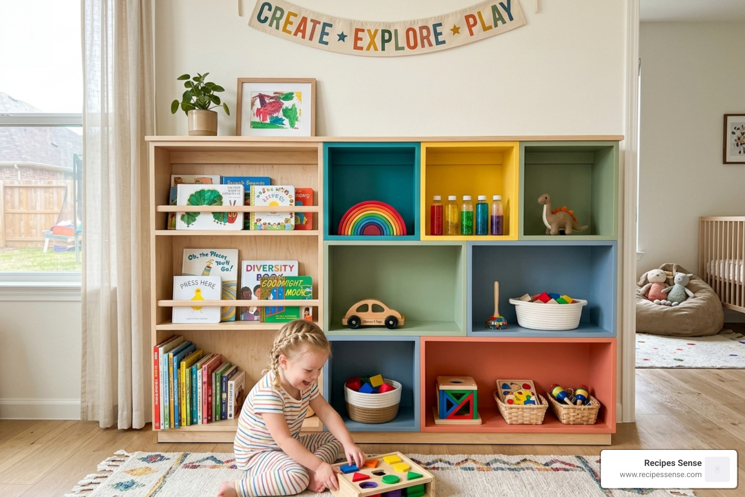 Organização de parede estilo Montessori com prateleiras de livros e nichos coloridos - decoração parede quarto infantil