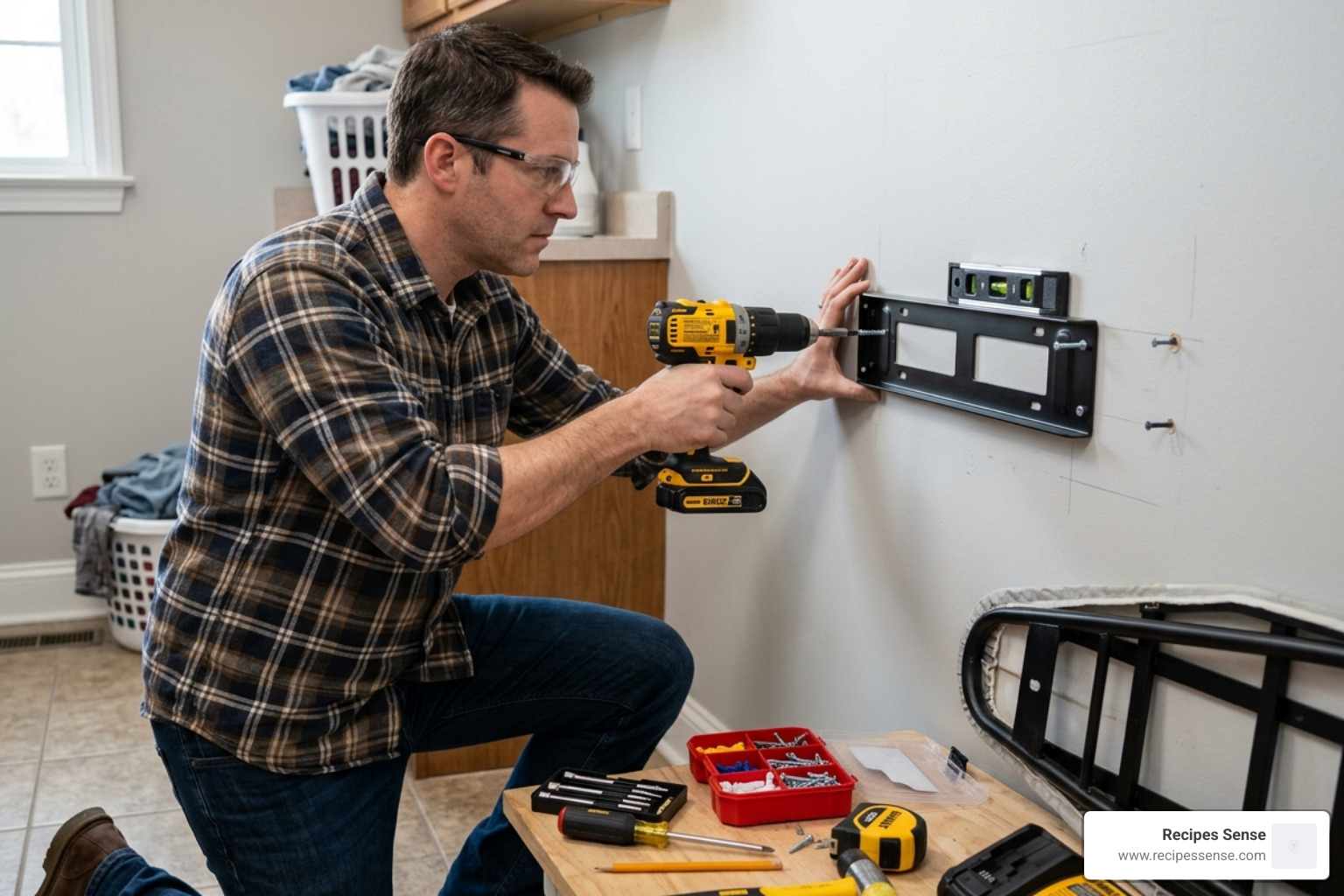 Wall-mounted support installation process showing tools and screws - suporte ferro passar roupa