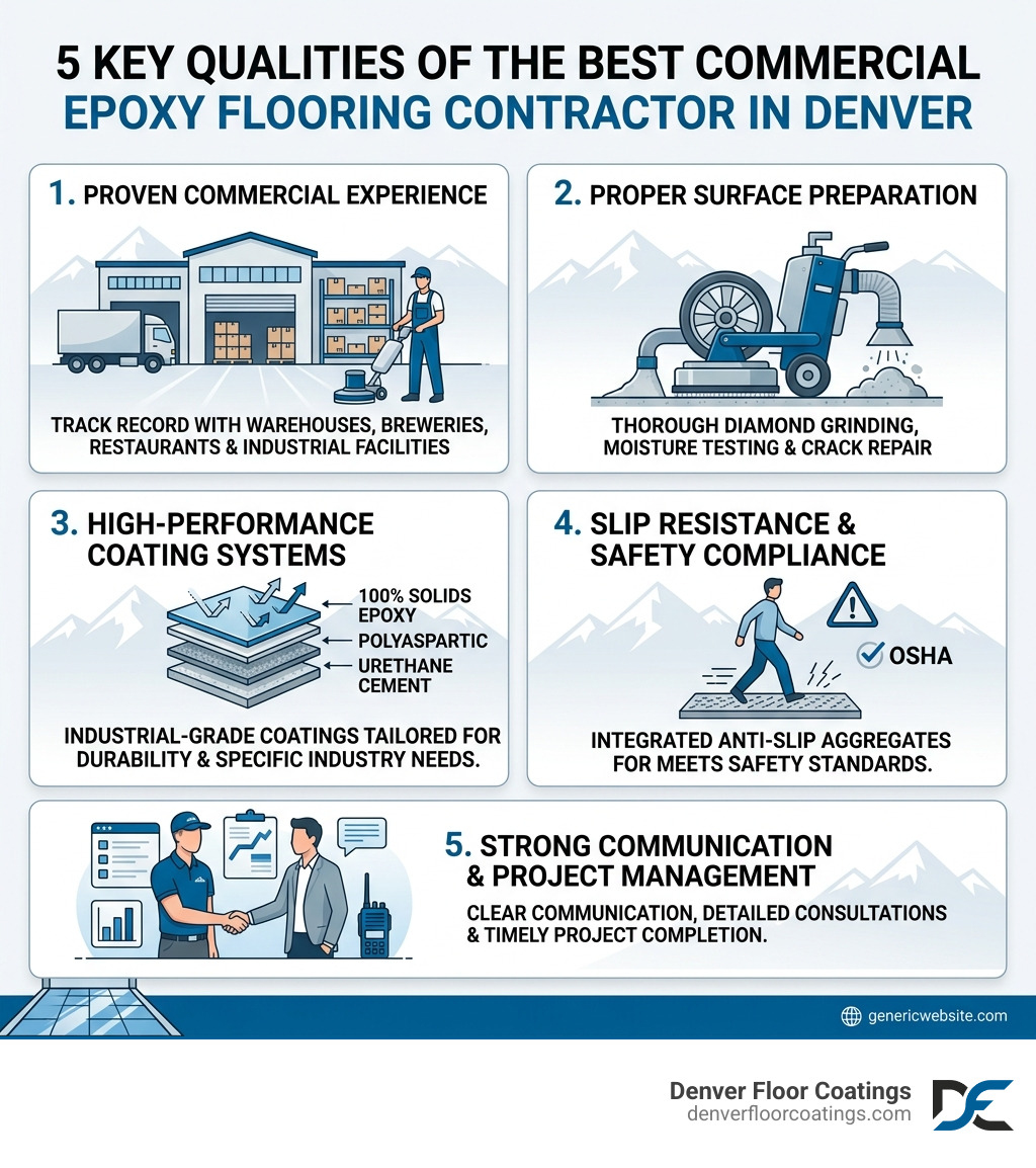 Infographic showing 5 key qualities of the best commercial epoxy flooring contractor in Denver - best commercial epoxy Infographic showing 5 key qualities of the best commercial epoxy flooring contractor in Denver - best commercial epoxy