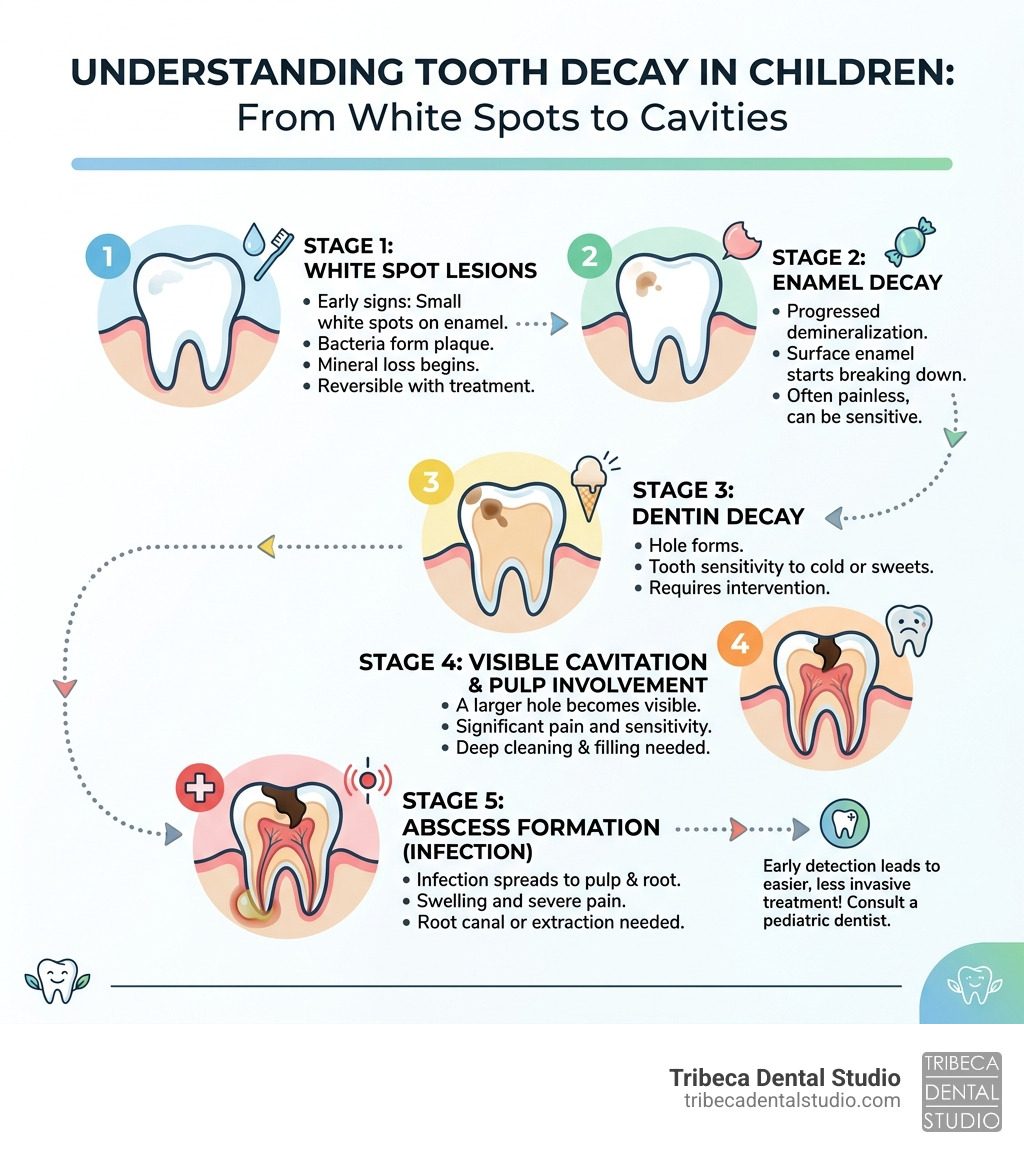 Stages of tooth decay in children from white spots to visible cavitation infographic - cavity treatment for children