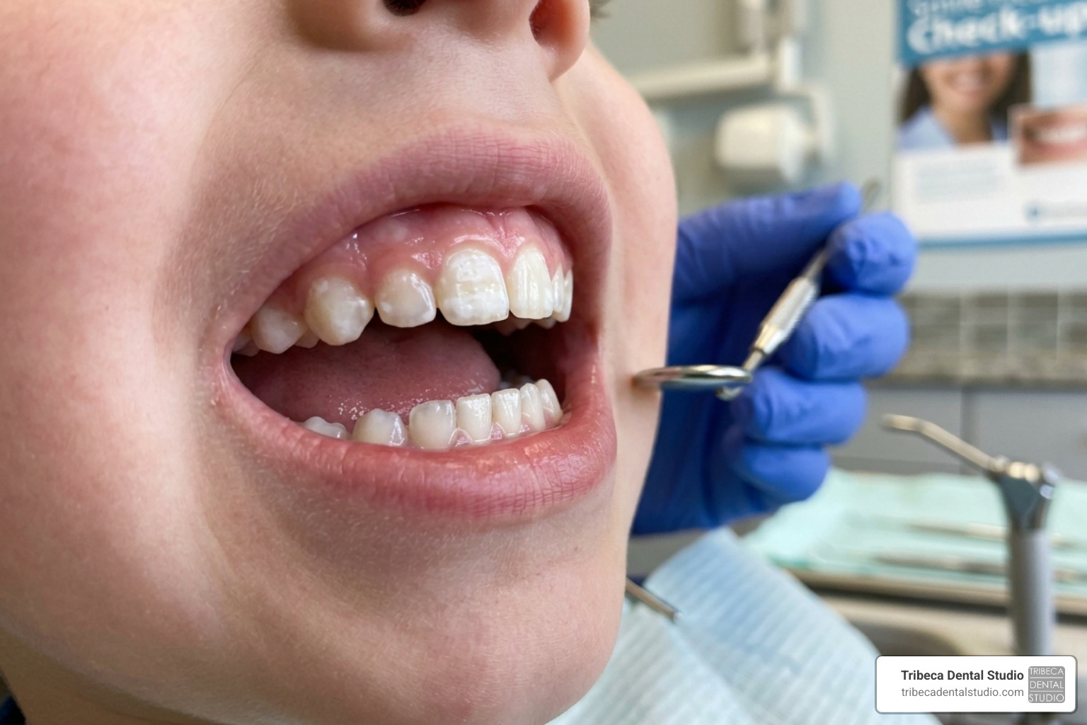 Child's teeth showing early white spot lesions - cavity treatment for children