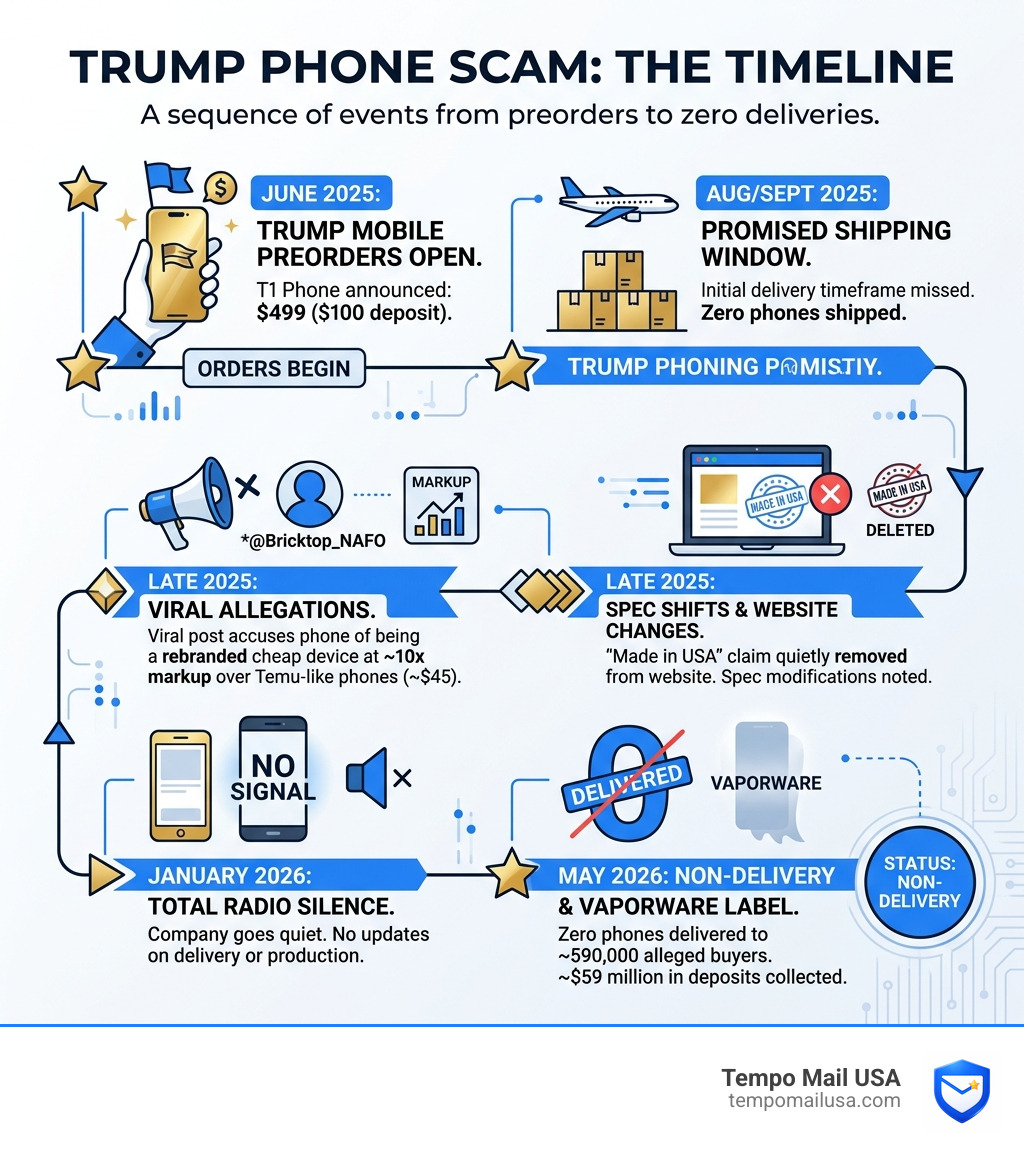 Trump Phone scam timeline from June 2025 preorders to May 2026 non-delivery with key milestones - trump phone scam Trump Phone scam timeline from June 2025 preorders to May 2026 non-delivery with key milestones - trump phone scam