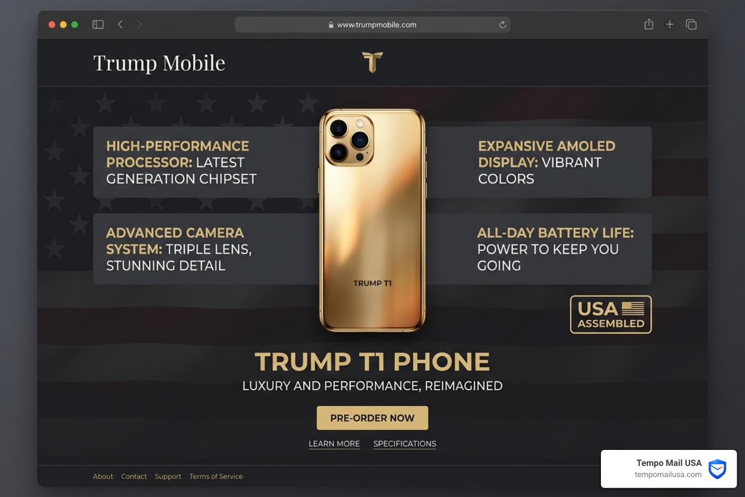 The redesigned Trump Mobile website showing the T1 Phone with shifting specifications - trump phone scam The redesigned Trump Mobile website showing the T1 Phone with shifting specifications - trump phone scam