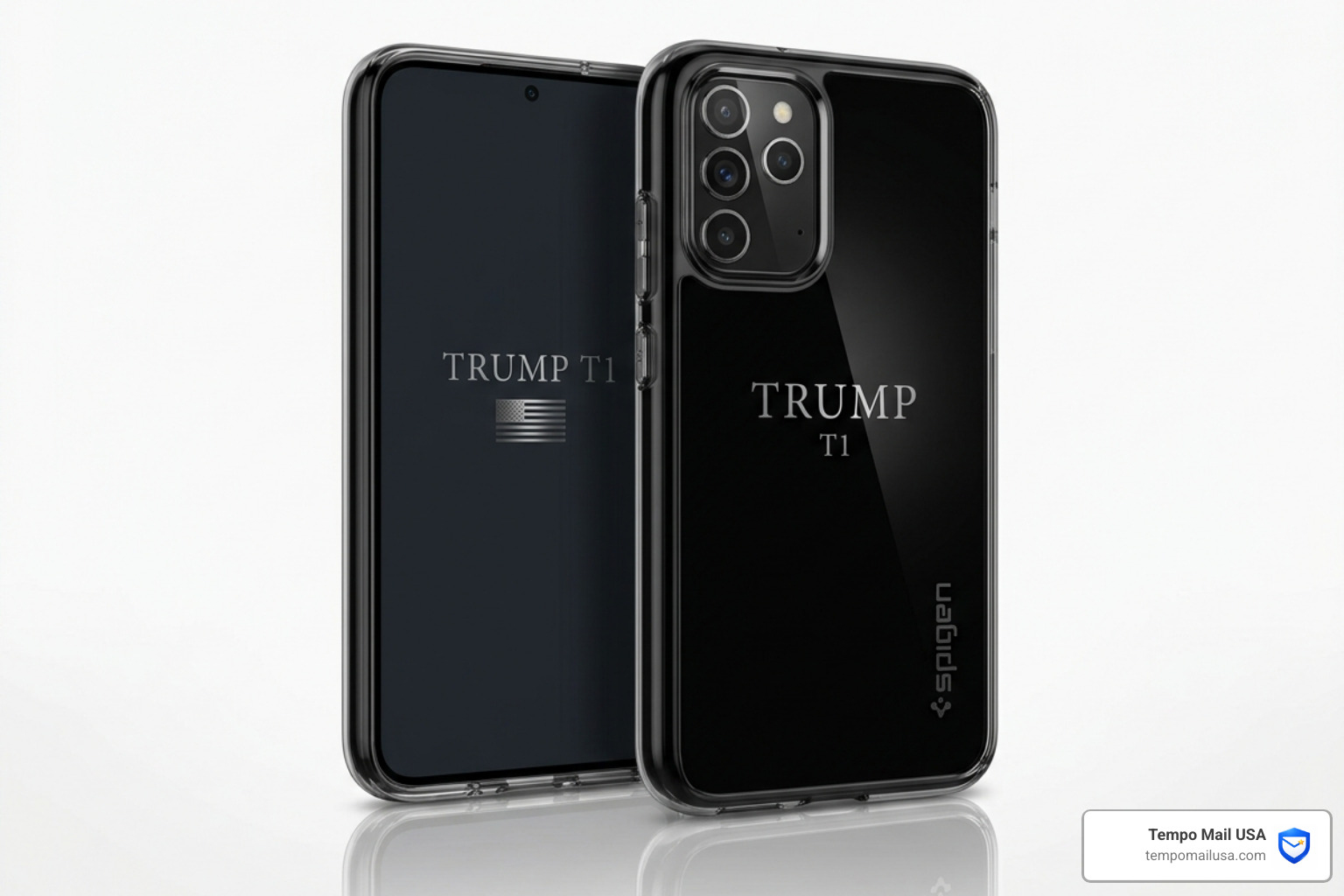 Marketing render of the T1 Phone where a Spigen logo was accidentally left on the phone case - trump phone scam Marketing render of the T1 Phone where a Spigen logo was accidentally left on the phone case - trump phone scam