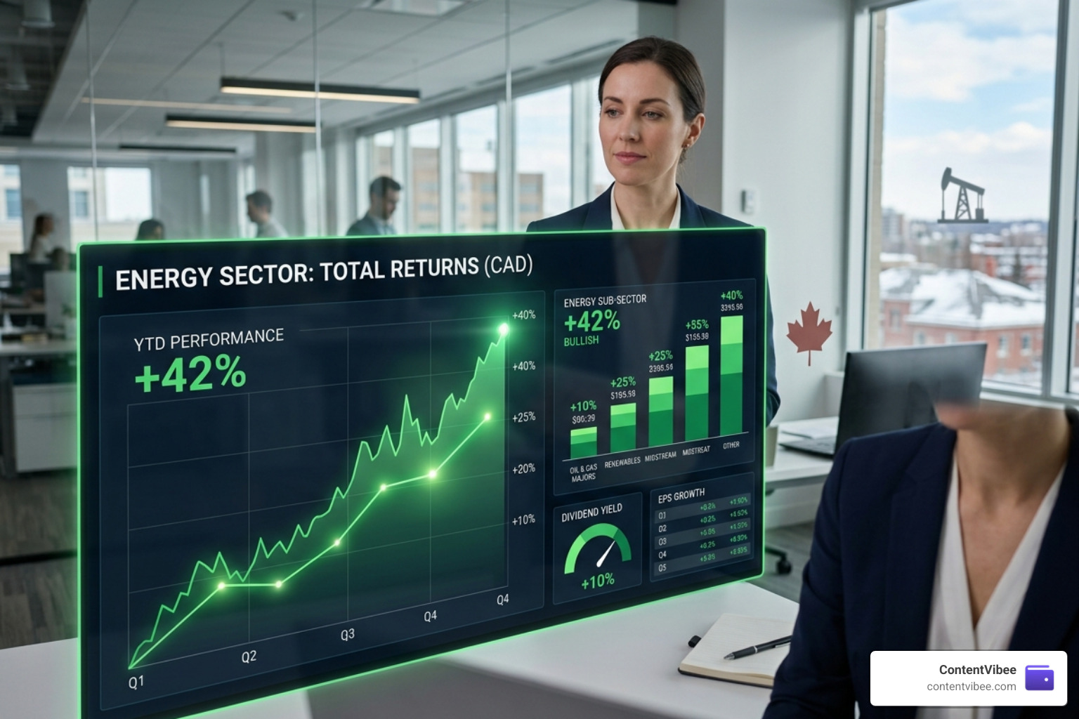 Financial growth charts showing energy sector total returns - Canadian Oil Sector Investment Returns and Dividend Yield
