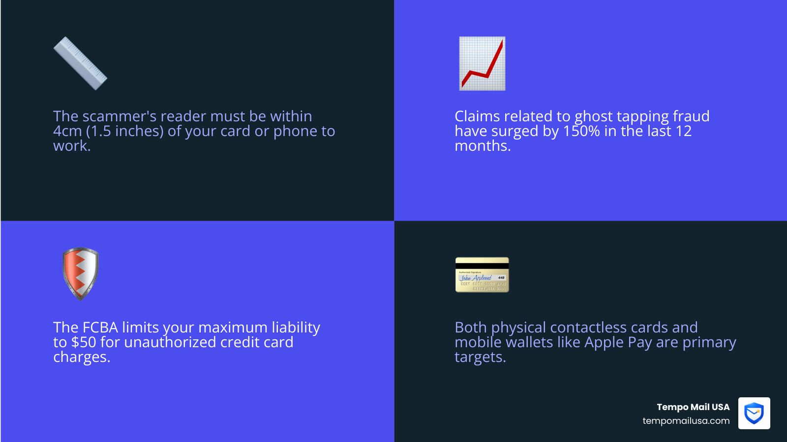 Infographic showing NFC 4cm paper clip range and ghost tapping scam quick facts - ghost tapping scam infographic