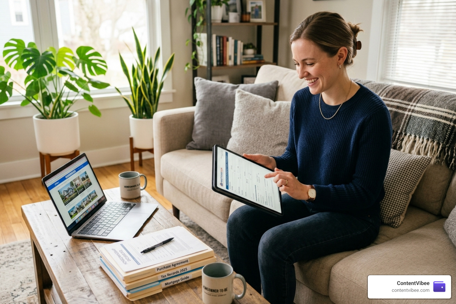homebuyer using a tablet to start a digital mortgage application - pre approval home loan process