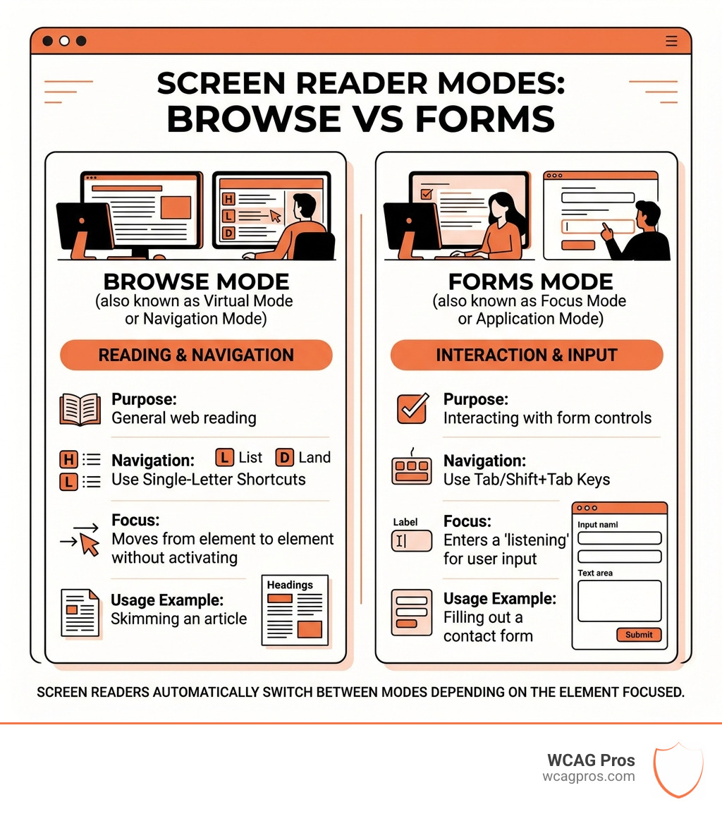 Infographic showing the difference between browse mode and forms mode in screen readers - screen reader wordpress testing Infographic showing the difference between browse mode and forms mode in screen readers - screen reader wordpress testing