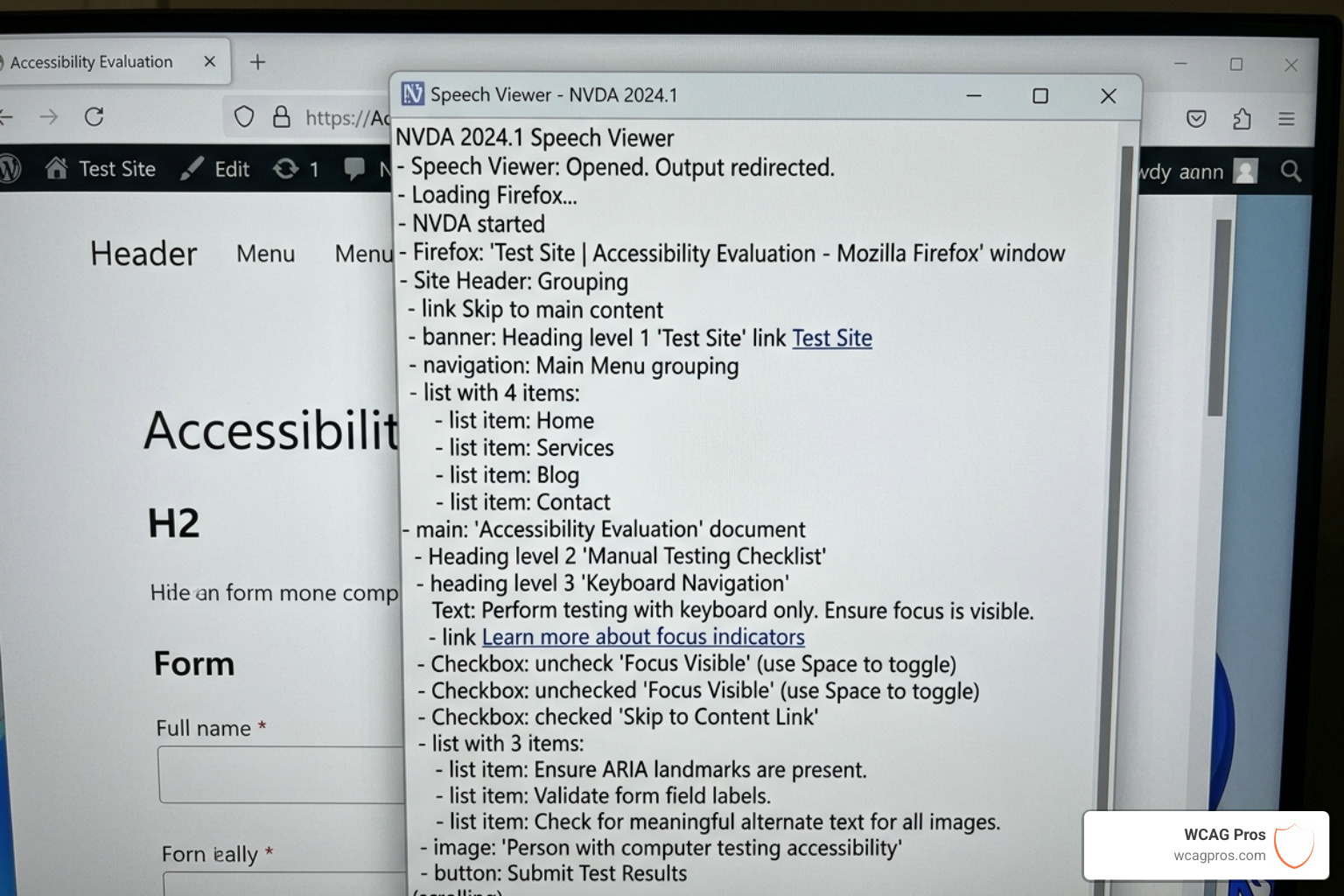 The NVDA speech viewer window showing a text log of what is being announced - screen reader wordpress testing The NVDA speech viewer window showing a text log of what is being announced - screen reader wordpress testing