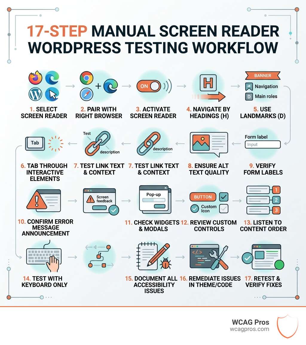 17-step manual screen reader WordPress testing workflow infographic - screen reader wordpress testing infographic 17-step manual screen reader WordPress testing workflow infographic - screen reader wordpress testing infographic