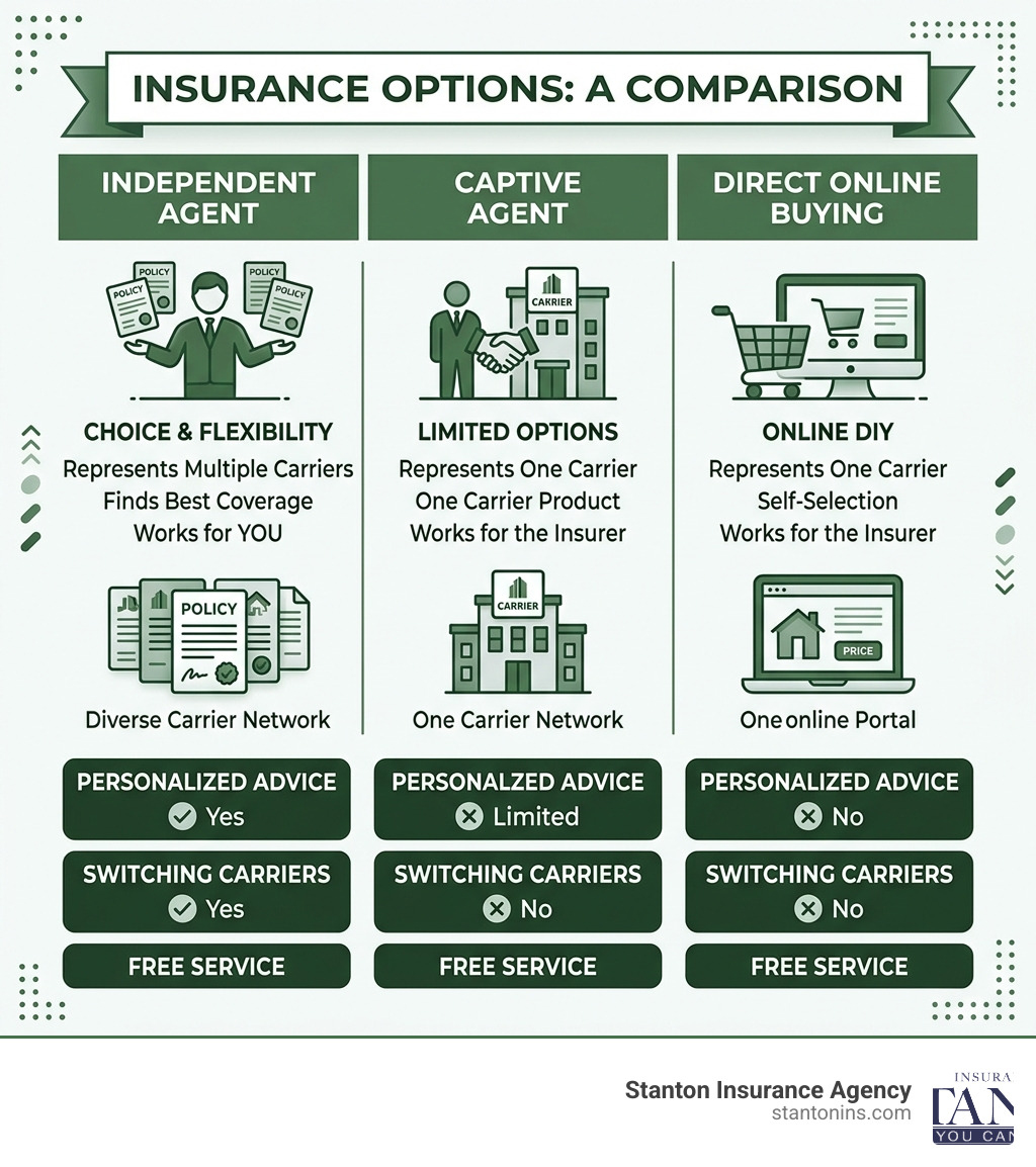 Comparison infographic: independent agents vs captive agents vs direct online buying - Independent insurance agents Comparison infographic: independent agents vs captive agents vs direct online buying - Independent insurance agents