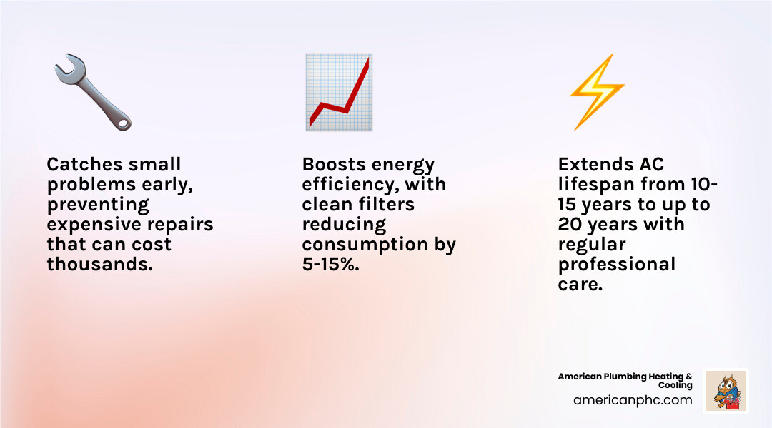 Infographic showing pros and cons of AC maintenance contracts with key stats on lifespan, energy savings, and priority