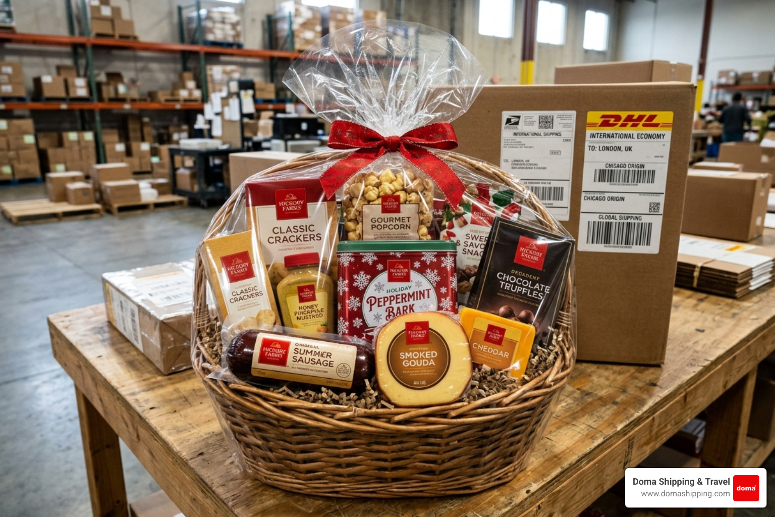 Gourmet holiday gift basket featuring summer sausages, assorted cheeses, crackers, and sweets ready for international Gourmet holiday gift basket featuring summer sausages, assorted cheeses, crackers, and sweets ready for international