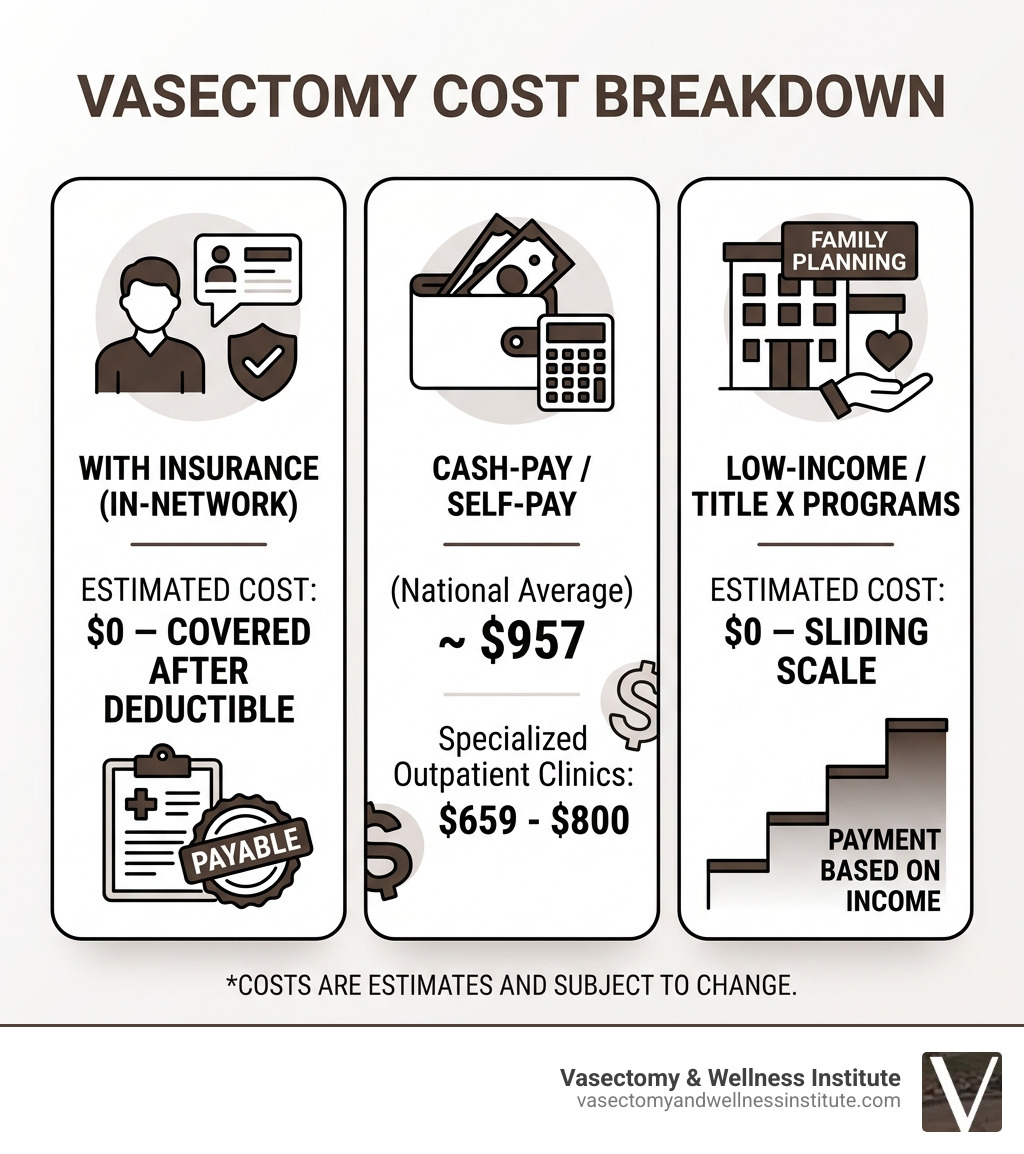 Infographic showing vasectomy cost breakdown: insurance vs. self-pay vs. Title X programs with price ranges - low cost