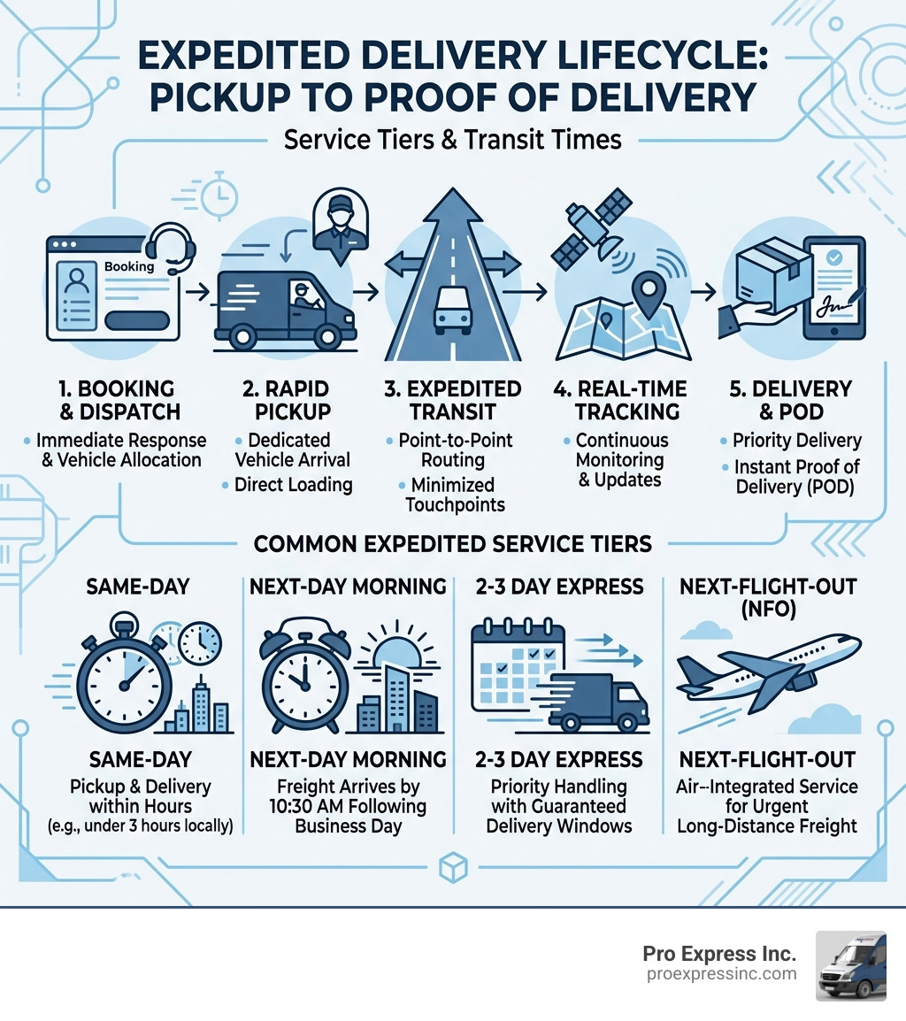 Expedited delivery lifecycle from pickup to proof of delivery with service tiers and transit times - expedited delivery Expedited delivery lifecycle from pickup to proof of delivery with service tiers and transit times - expedited delivery