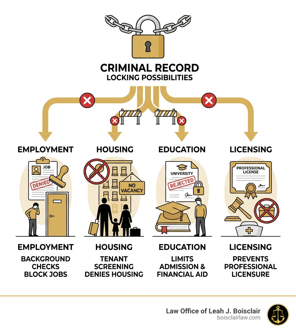 Infographic showing how a criminal record blocks employment, housing, education, and licensing opportunities - record