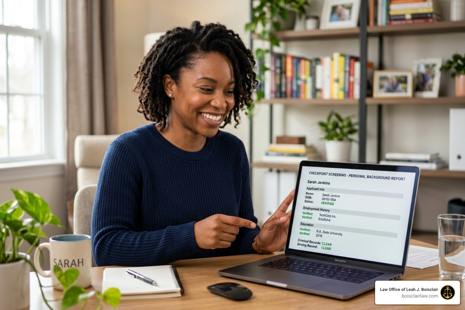 A person smiling while reviewing a clean digital background check on a laptop - record expungement eligibility