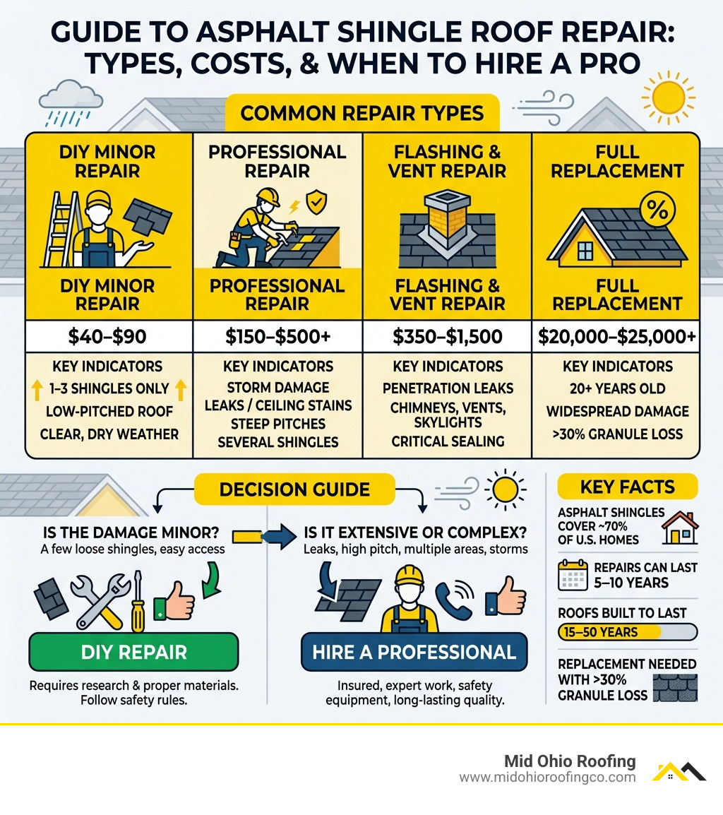 Infographic showing types of asphalt shingle roof repair, costs, and when to DIY vs. hire a professional - asphalt shingle Infographic showing types of asphalt shingle roof repair, costs, and when to DIY vs. hire a professional - asphalt shingle