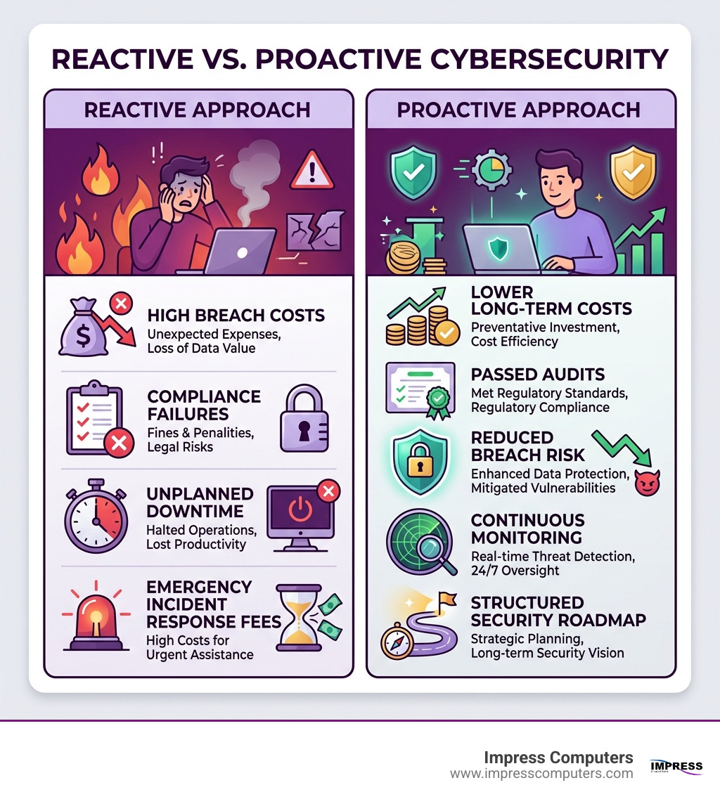 Infographic comparing reactive vs. proactive cybersecurity: left side shows reactive approach with high breach costs, compliance failures, unplanned downtime, and emergency incident response fees; right side shows proactive approach with lower long-term costs, passed audits, reduced breach risk, continuous monitoring, and a structured security roadmap - cybersecurity consultancy services infographic comparison-2-items-formal Infographic comparing reactive vs. proactive cybersecurity: left side shows reactive approach with high breach costs, compliance failures, unplanned downtime, and emergency incident response fees; right side shows proactive approach with lower long-term costs, passed audits, reduced breach risk, continuous monitoring, and a structured security roadmap - cybersecurity consultancy services infographic comparison-2-items-formal