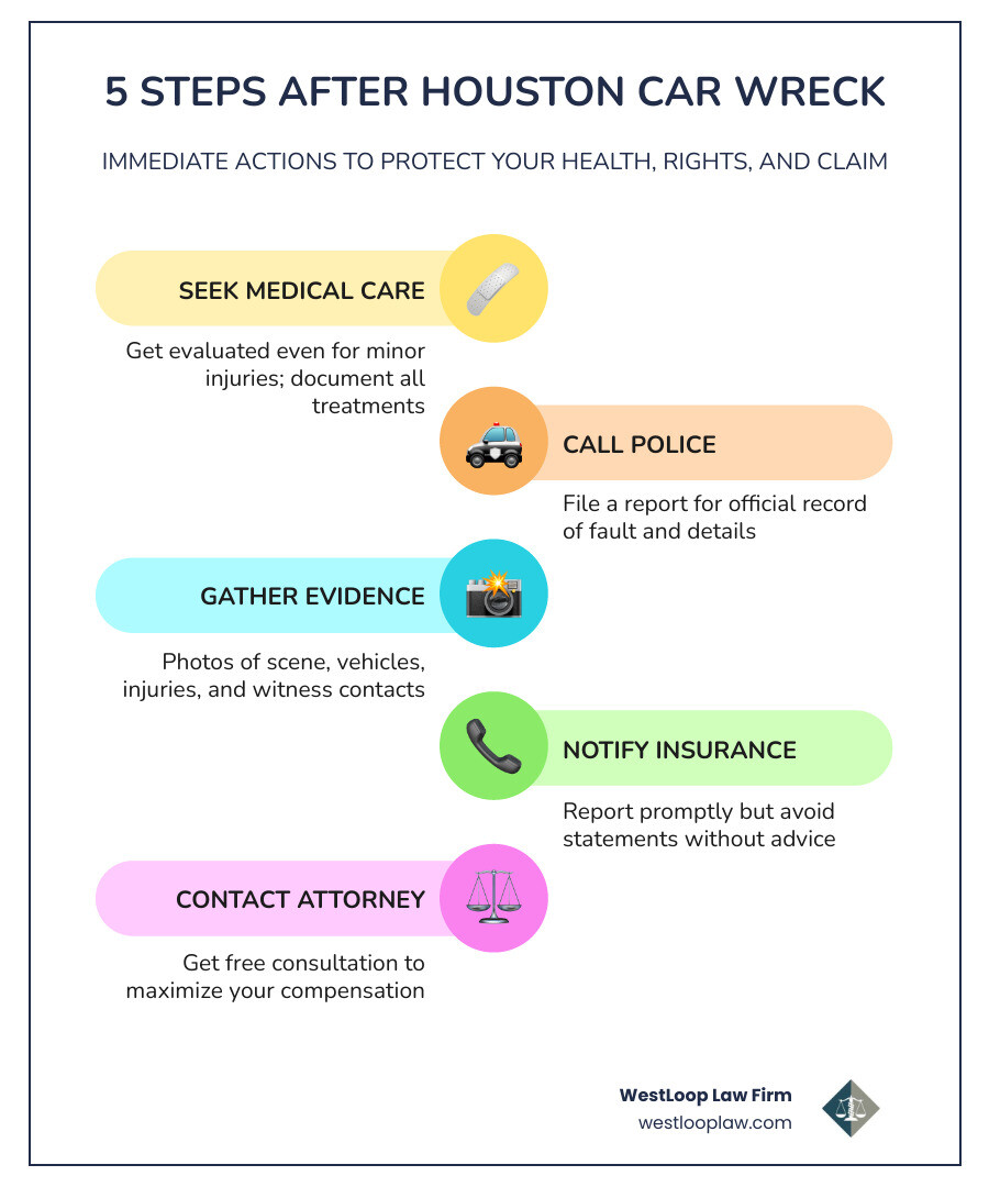 5 steps to take immediately after a Houston car wreck infographic - Car wreck injury attorney infographic 5 steps to take immediately after a Houston car wreck infographic - Car wreck injury attorney infographic
