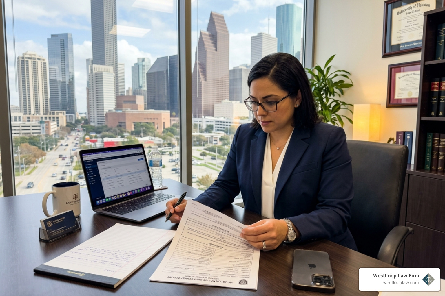 Legal professional reviewing a Houston crash report - Car wreck injury attorney Legal professional reviewing a Houston crash report - Car wreck injury attorney