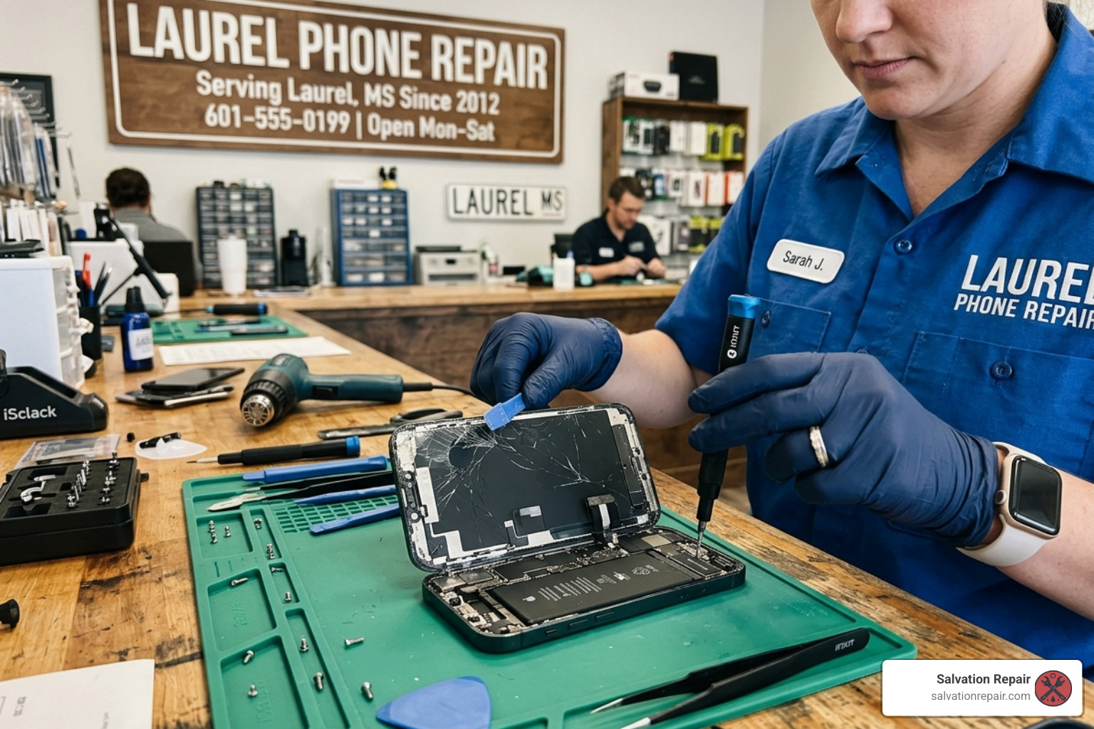 A technician replacing a cracked iPhone screen in Laurel MS - fast iPhone repair Laurel