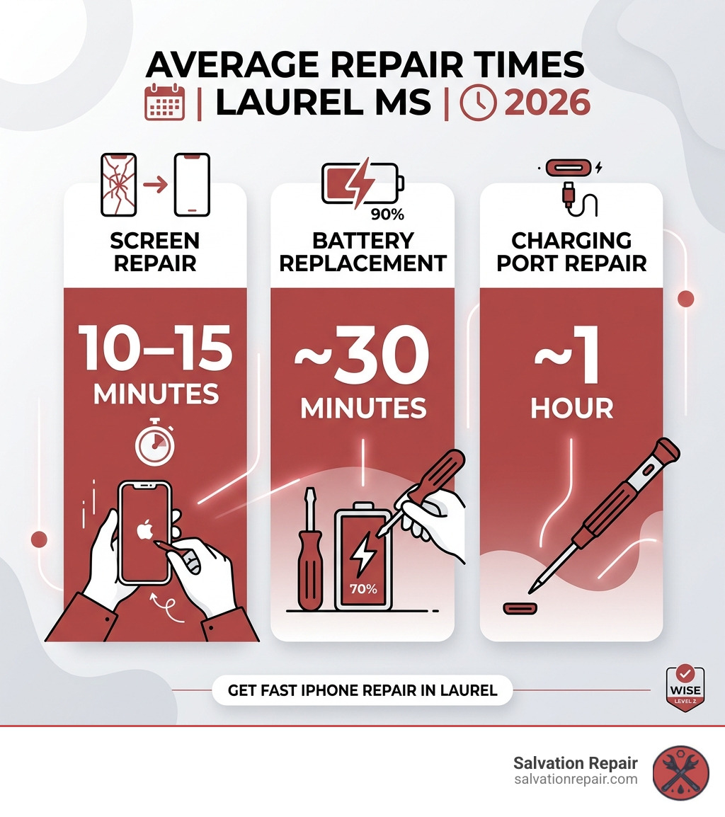 Average repair times for iPhone screens, batteries, and charging ports in Laurel MS 2026 - fast iPhone repair Laurel