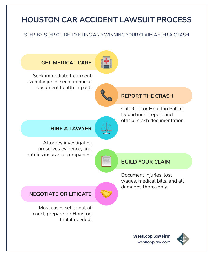 Step-by-step Houston car accident lawsuit process infographic - Car accident injury lawyer Houston infographic Step-by-step Houston car accident lawsuit process infographic - Car accident injury lawyer Houston infographic