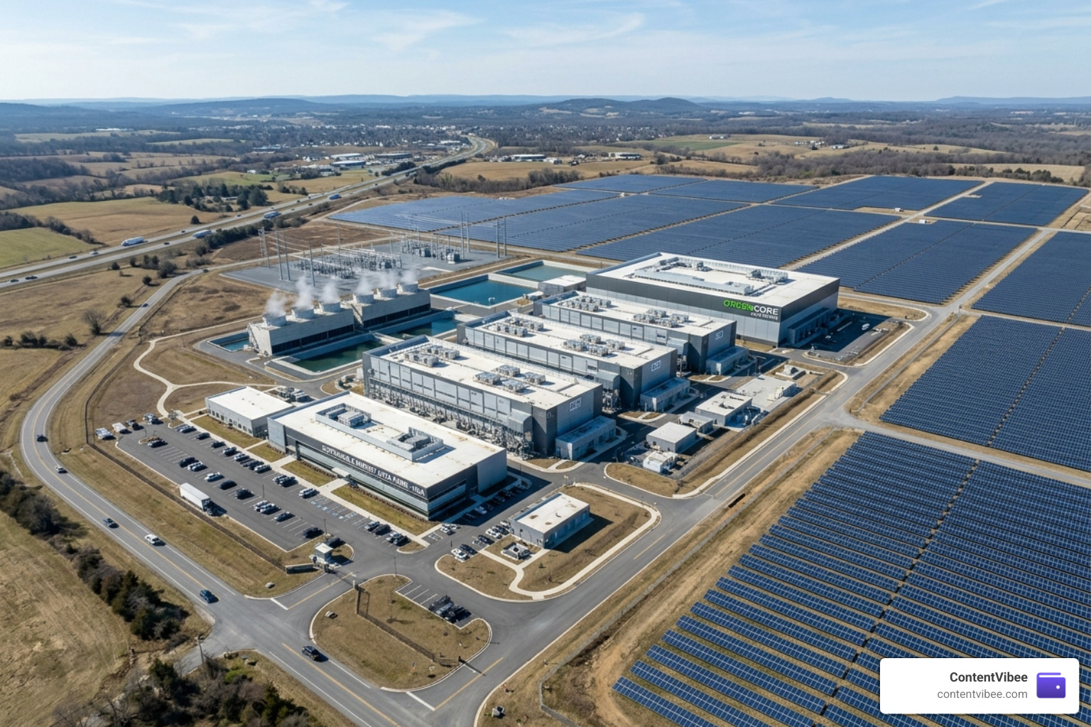 sustainable energy data farm with solar panels and cooling towers - alphabet ai infrastructure investment