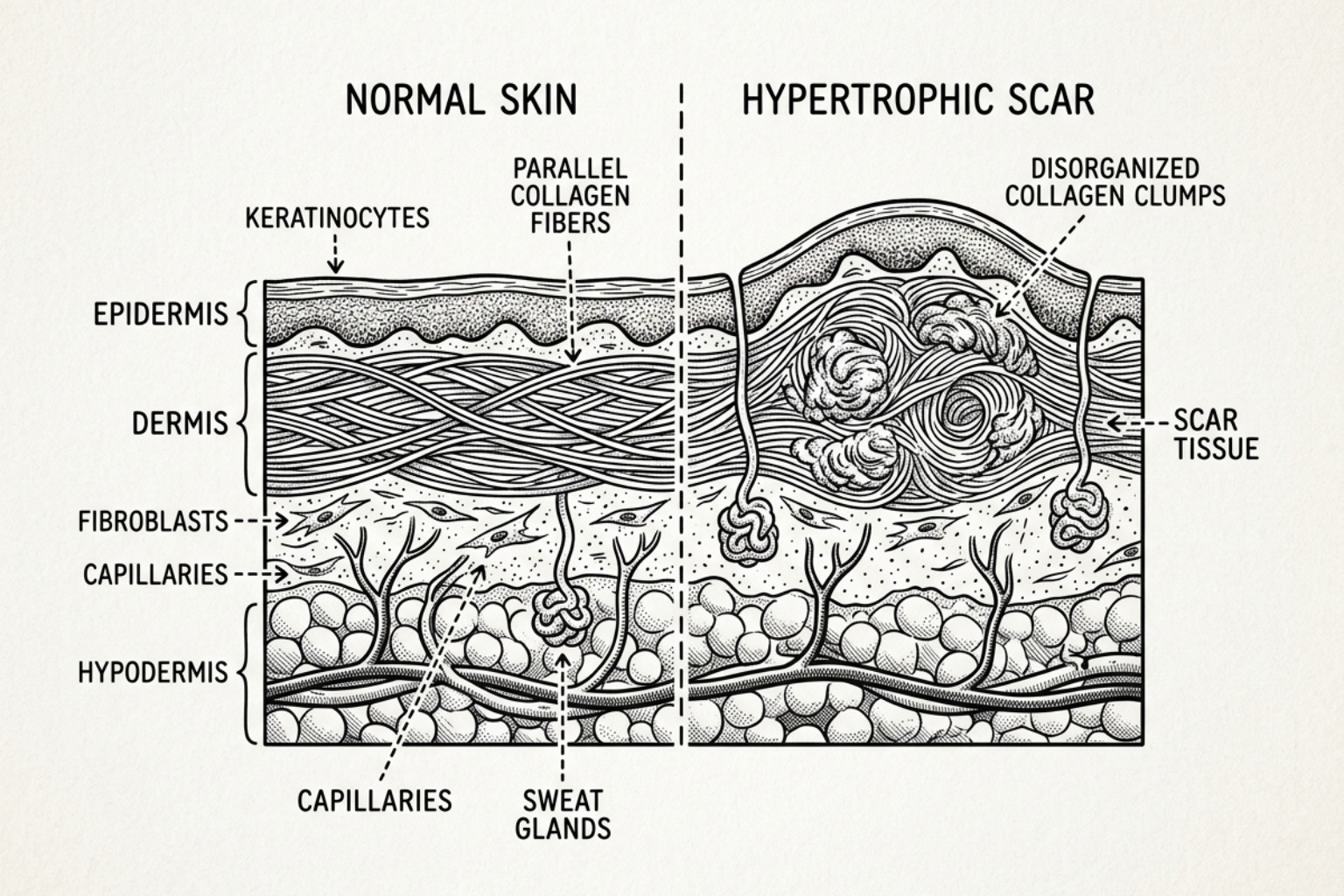 skin cross-section showing collagen fiber organization - scar removal creams