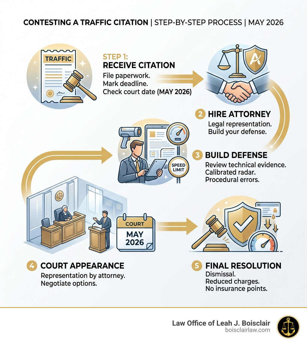 Step-by-step process of contesting a traffic citation in May 2026 - speeding ticket attorney infographic 