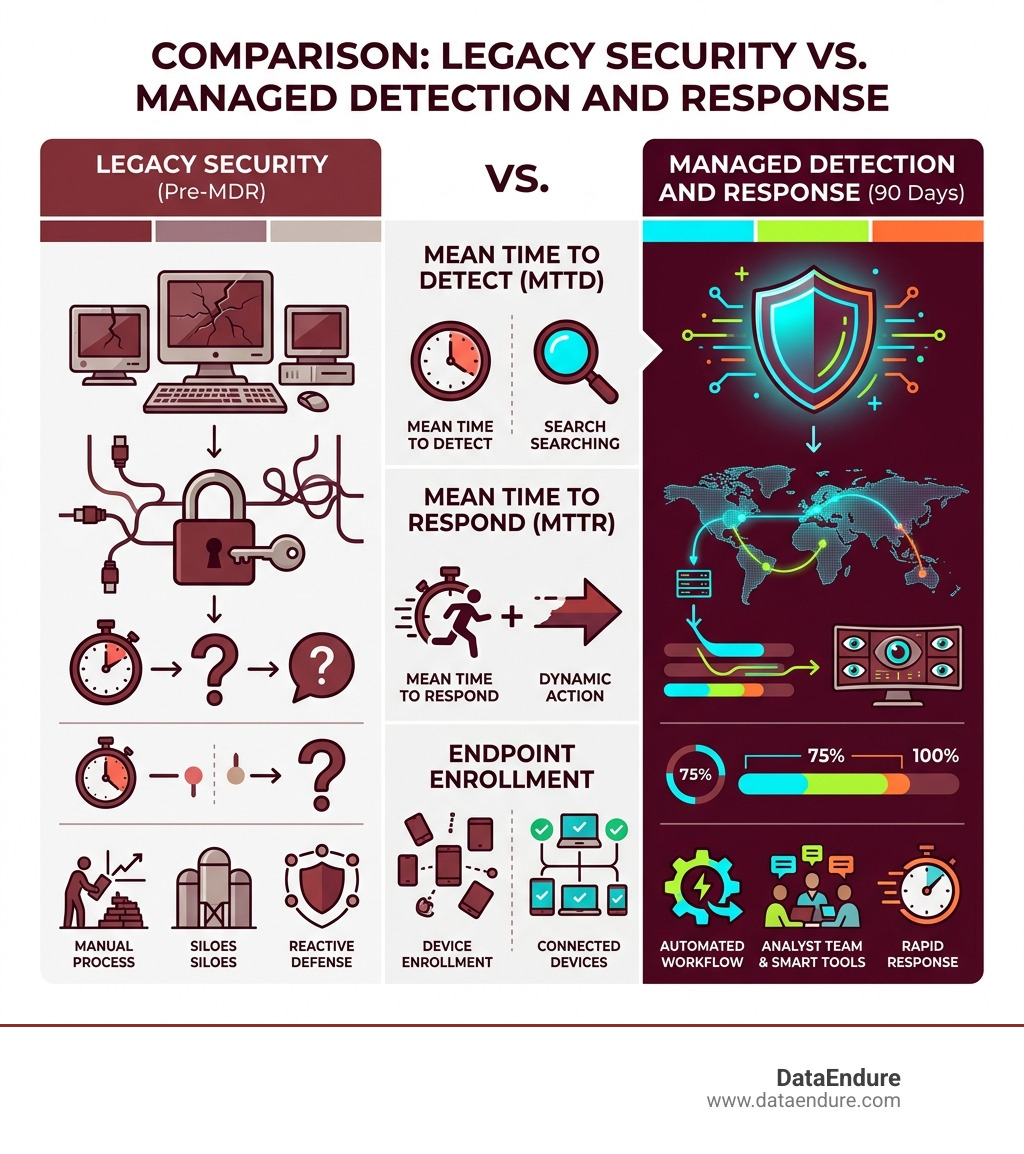 Table comparing legacy security vs. managed detection and response - 30 day MDR rollout infographic Table comparing legacy security vs. managed detection and response - 30 day MDR rollout infographic