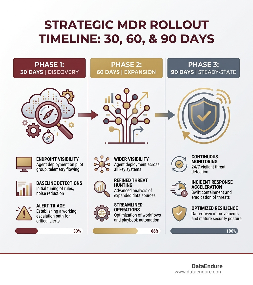 30/60/90-day MDR rollout timeline showing discovery, expansion, and steady-state phases - 30 day MDR rollout infographic 30/60/90-day MDR rollout timeline showing discovery, expansion, and steady-state phases - 30 day MDR rollout infographic