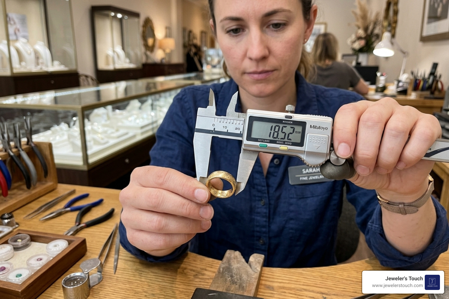 Jeweler using a digital caliper to measure the inside diameter of a gold ring in inches - size 10 ring in inches