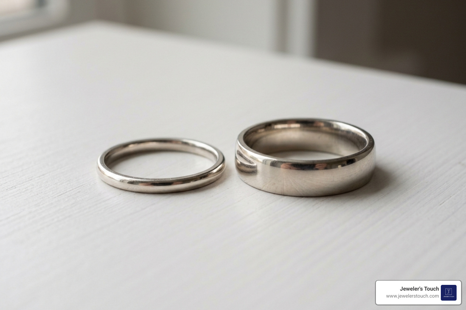 A size 7 ring and a size 10 ring placed side-by-side to show the scale difference - size 10 ring in inches