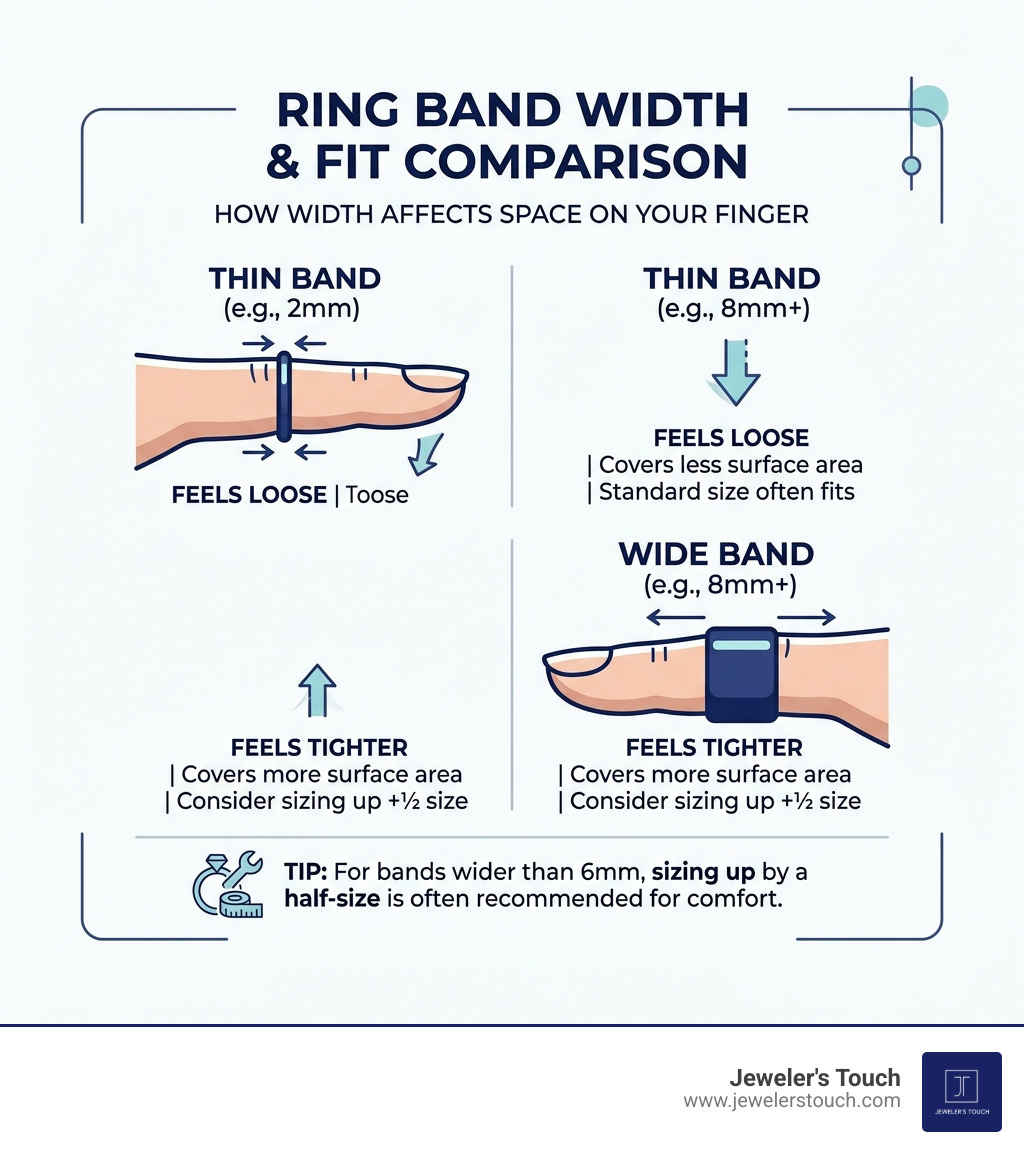 Illustration comparing how a wide band takes up more space on a finger than a thin band - size 10 ring in inches infographic
