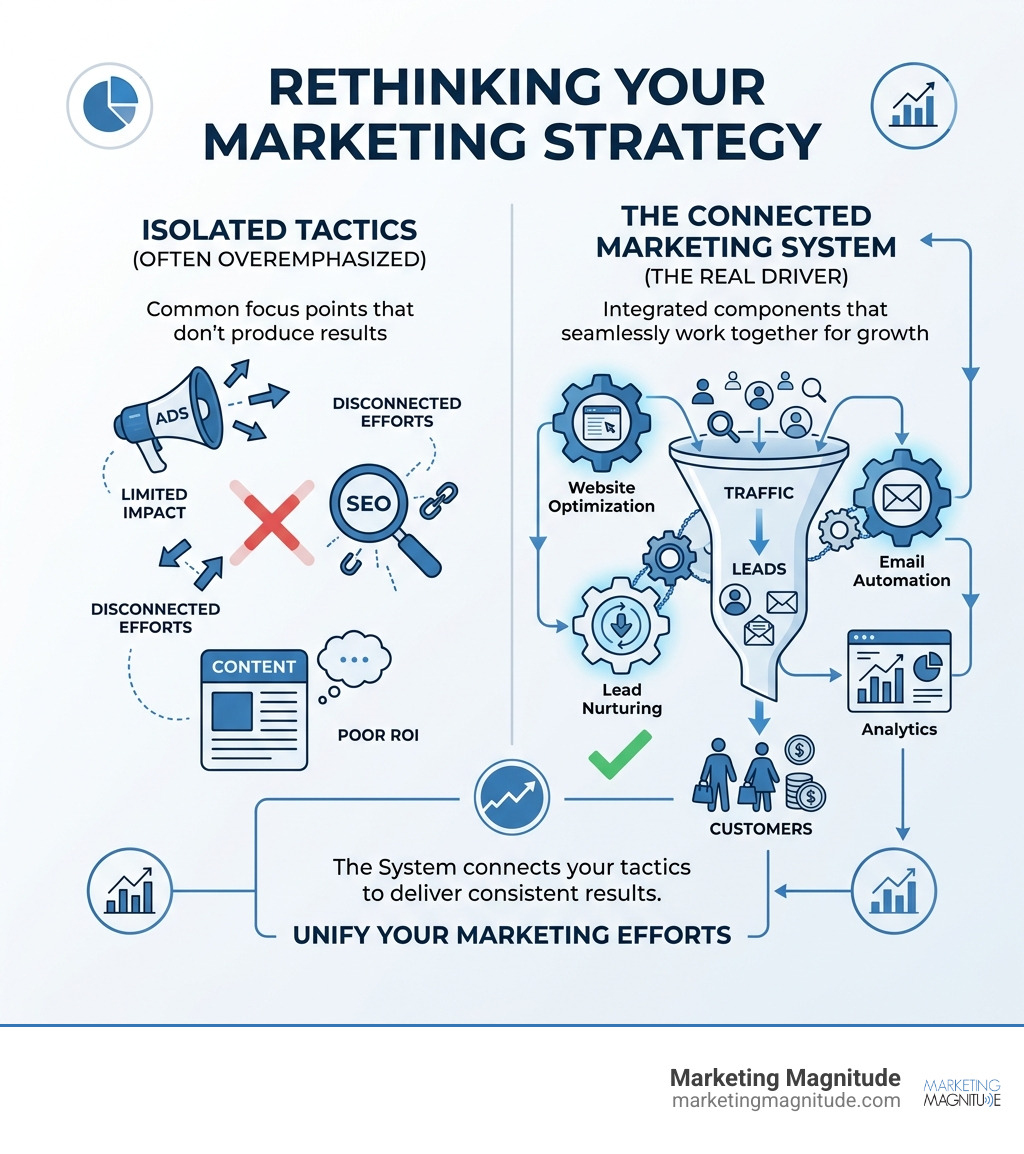 infographic showing Marketing Tactics vs. Marketing Systems: tactics are isolated actions, systems connect traffic to leads infographic showing Marketing Tactics vs. Marketing Systems: tactics are isolated actions, systems connect traffic to leads