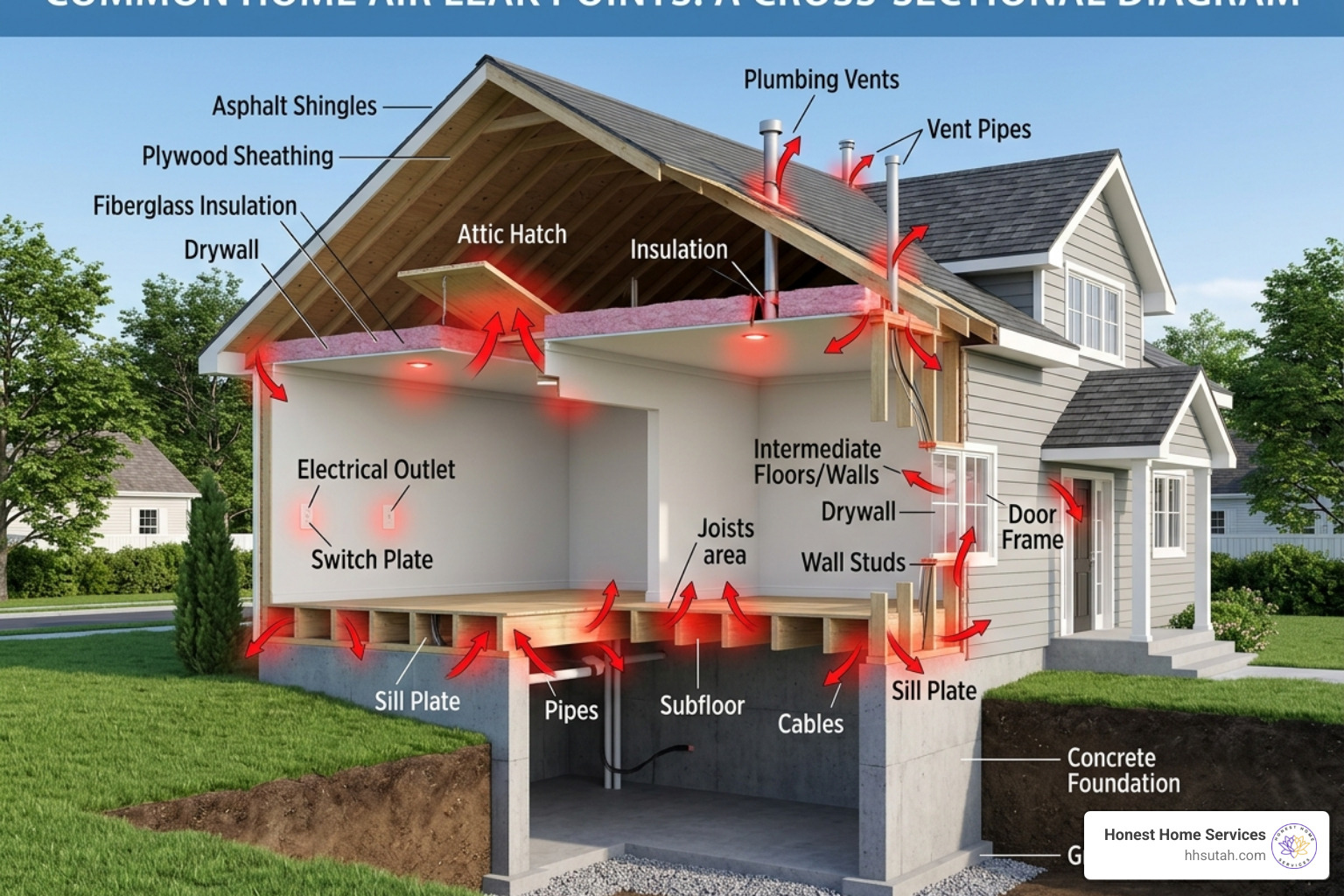 Diagram of a house highlighting common leak points like outlets, attic hatches, and recessed lights - find air leaks in house Diagram of a house highlighting common leak points like outlets, attic hatches, and recessed lights - find air leaks in house