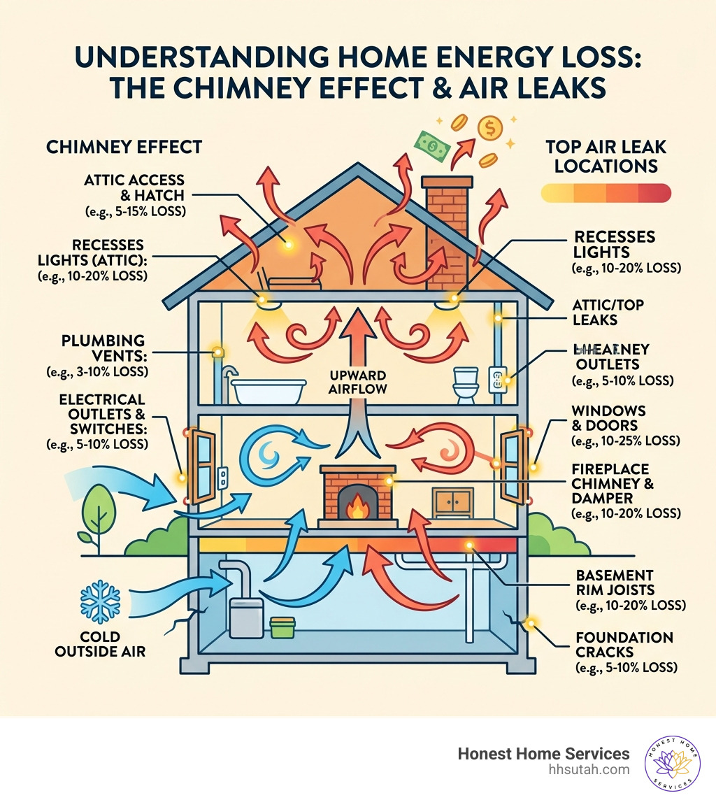 Infographic showing the chimney effect and top air leak locations in a home with energy loss percentages - find air leaks in Infographic showing the chimney effect and top air leak locations in a home with energy loss percentages - find air leaks in