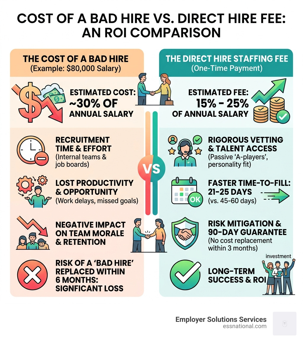 Cost of a bad hire vs direct hire fee infographic - direct hire staffing solutions infographic 