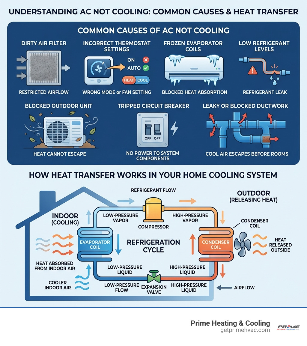 Common causes of AC not cooling and how heat transfer works in a home cooling system - AC unit not cooling infographic Common causes of AC not cooling and how heat transfer works in a home cooling system - AC unit not cooling infographic